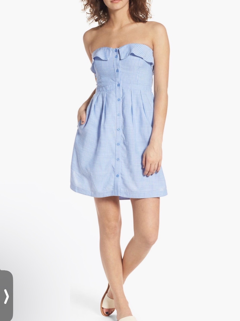 Nordstrom Light Blue Strapless Ruffle Button-Front Dress